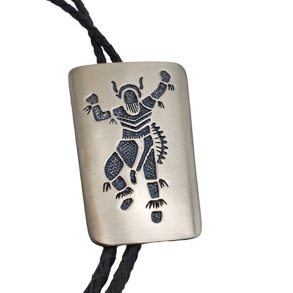 Retro Kachina Silver Tone Bolo Tie Black Leather SW Tie Lariat Dancing Figural - Picture 1 of 5